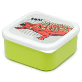 Angled view of a square lime green lunch box with a white lid. The lid displays a detailed red dinosaur illustration with textured spikes on a grey dotted background, with the word 'ROAR' in black text.