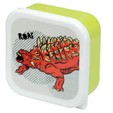 Angled view of a lime green lunch box with a white lid featuring a red armoured dinosaur and ROAR text.