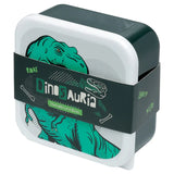 Angled view of a stackable Lunch Boxes Set of three. The white boxes feature a vibrant green dinosaur illustration, while the outermost box is dark green. A decorative dark grey band with 'DinoSAURIA' text wraps around the set.