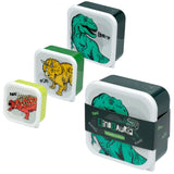 Angled view of a set of three rectangular Dinosauria lunch boxes of varying sizes, each with a white lid and a contrasting colourful base. The lids feature illustrations of a green T-Rex, a yellow triceratops, and a red ankylosaurus. The largest box includes a black 'Dinos AURia' packaging band.