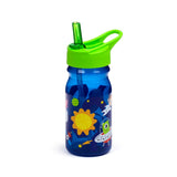 Angled view of a blue water bottle with a lime green flip-up straw and lid, featuring a colourful space theme with a yellow sun, astronaut, alien, and stars.