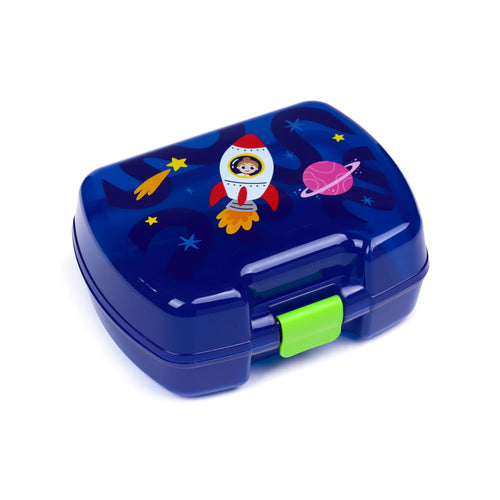 Dark blue lunch box with a vibrant space-themed design on its lid, featuring a white rocket with a pilot, a pink ringed planet, and scattered yellow stars, presented from an angled perspective showing the bright green clasp on the front.