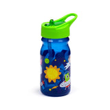 Angled view of a blue children's water bottle with a bright green straw lid and handle, featuring a vibrant space cadet design of planets, stars, a sun, aliens, and astronauts.