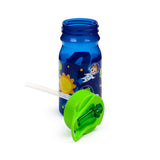 Angled view of a blue translucent water bottle featuring space-themed illustrations of an astronaut, sun, stars, and an alien. A separate lime green lid, showing its internal straw mechanism and a white straw, is positioned in front of the open-topped bottle, revealing its screw threads.