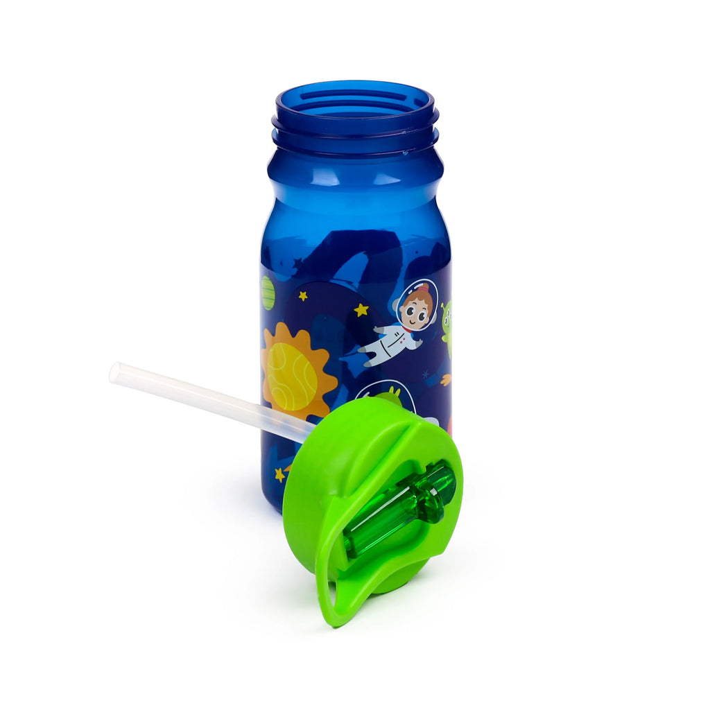 Angled view of a blue translucent water bottle featuring space-themed illustrations of an astronaut, sun, stars, and an alien. A separate lime green lid, showing its internal straw mechanism and a white straw, is positioned in front of the open-topped bottle, revealing its screw threads.