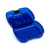 Angled view of an open, blue translucent plastic lunch box, featuring a green clasp and subtle space-themed patterns inside.