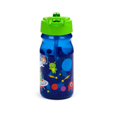 Blue water bottle with a bright green flip-up straw lid, featuring a colourful space design including astronauts, aliens, planets, and stars, shown upright on a white background.