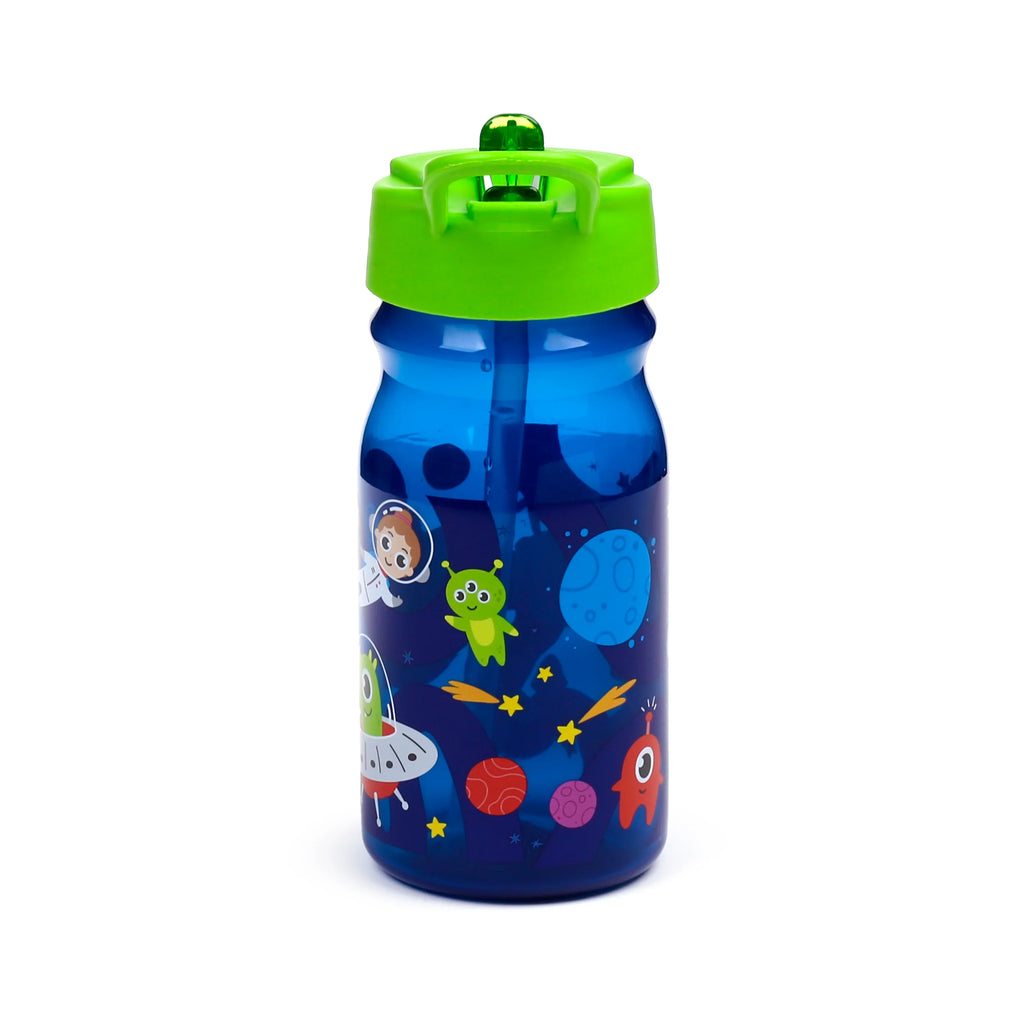 Blue water bottle with a bright green flip-up straw lid, featuring a colourful space design including astronauts, aliens, planets, and stars, shown upright on a white background.