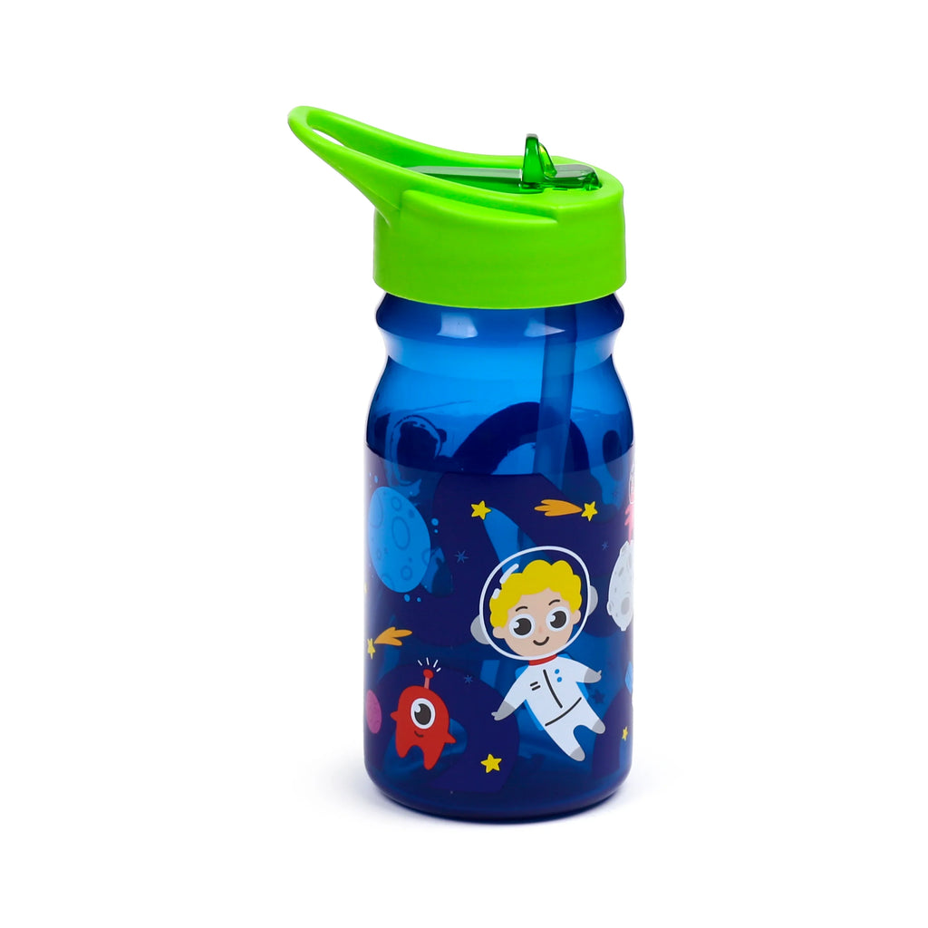 Upright blue water bottle with a bright lime green flip-up spout and integrated straw, showcasing a space cadet design with an astronaut, a red alien, planets, and yellow stars.