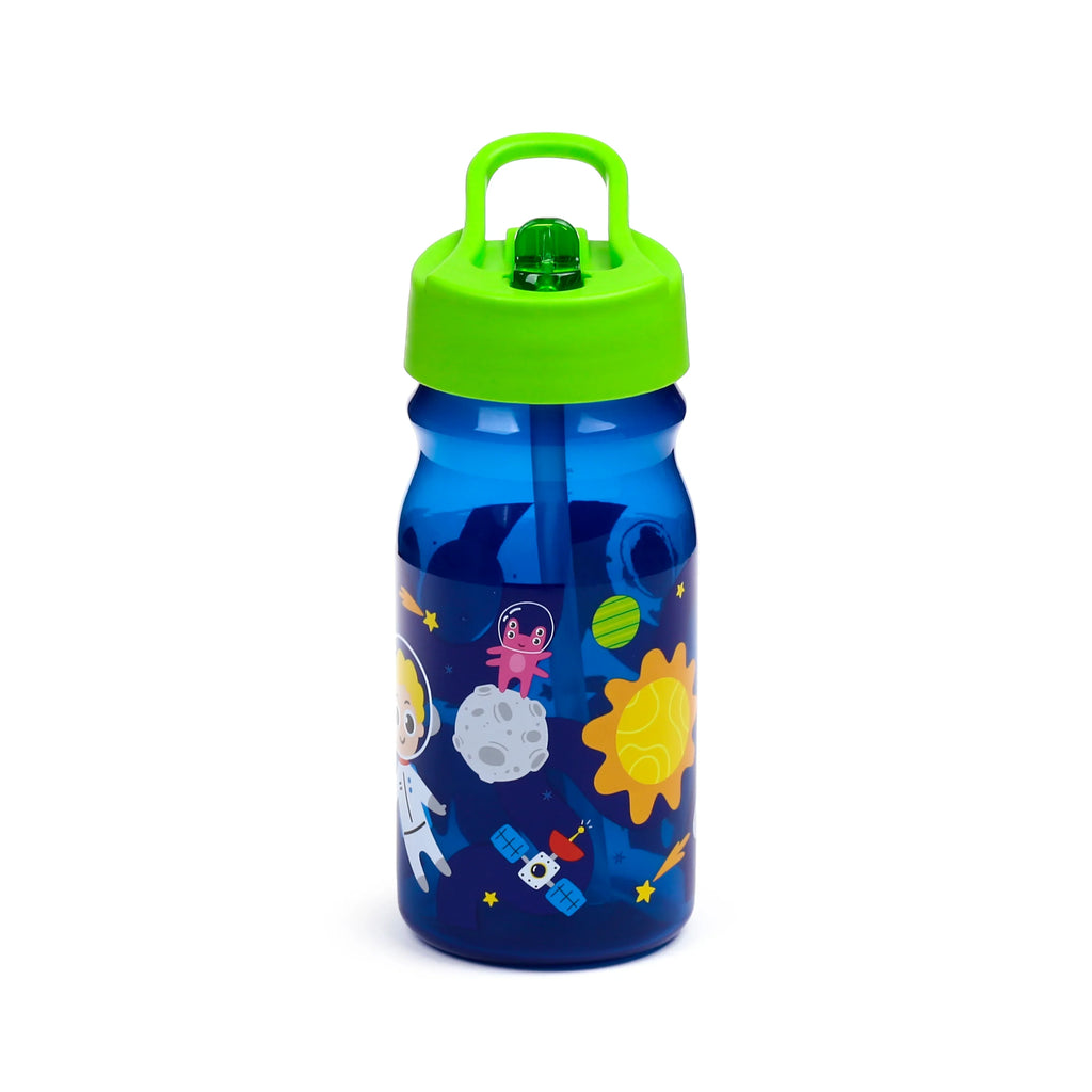 Angled view of a Space Cadet blue translucent water bottle, featuring a bright green lid with handle and straw, decorated with an astronaut, alien, moon, sun, satellite, and stars.
