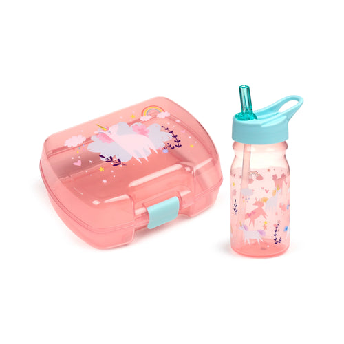 Angled view of a pink transparent lunch box and matching water bottle set, both decorated with magical unicorn, rainbow, and cloud patterns. The lunch box features a light blue clasp, and the bottle has a light blue lid with a handle and straw.