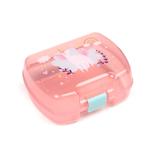 Angled view of a translucent pink lunch box featuring a white unicorn, rainbow, and cloud design on the lid, with a light blue clasp.