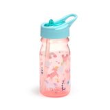 Angled view of a pink water bottle with a light blue flip-top lid, integrated straw, and unicorn and rainbow pattern.