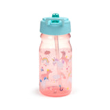 Angled view of a pink transparent water bottle depicting a colourful unicorn, rainbow, and cloud pattern, with a light blue lid and integrated straw.
