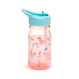 Pink translucent water bottle with a light blue straw lid, decorated with colourful unicorn, rainbow, heart, and star designs.