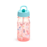 Front view of a translucent pink water bottle with a light blue handle, teal sip spout, and clear straw inside, decorated with colourful unicorns, rainbows, and stars.