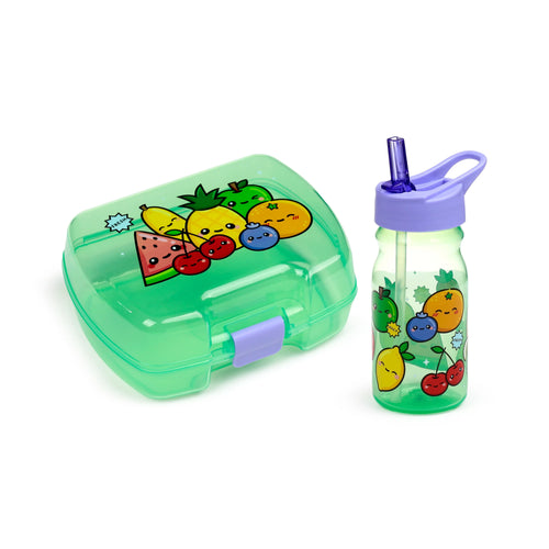 Angled view of a translucent green lunch box with a purple clasp and a matching water bottle with a purple lid and straw, both adorned with colourful cartoon fruit characters.