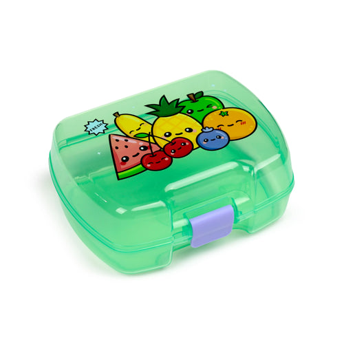 Angled view of a translucent green lunch box with a purple clasp. The lid features a colourful cartoon fruit design, including watermelon, cherries, banana, pineapple, apple, orange, and blueberry, plus a 'FRESH' speech bubble.