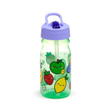 Angled view of a translucent green water bottle with a purple flip-top lid and clear straw, featuring a colourful cartoon fruit design with smiling apple, strawberry, lemon, blueberry, and pineapple characters.