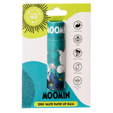 Front view of a Moomin paper stick lip balm in its zero waste card packaging, with a teal tube featuring Moomin characters. The packaging highlights plastic-free, cruelty-free, vegan, palm oil free, and moisturising benefits.