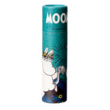 Front view of a teal paper stick lip balm featuring a Moomin character wearing a flower crown.