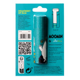 Front view of a strawberry Moomin paper stick lip balm, presented on a turquoise backing card. The lip balm tube features Moomin characters and botanical illustrations, with product details and a 'push up' instruction visible.