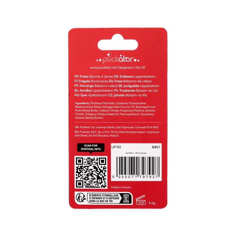 Back view of a strawberry stick lip balm's red and white retail packaging, displaying a barcode, QR code, ingredients list, and multilingual product information.