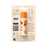 Back view of the Autumn Harvest Paper Stick Lip Balm - Pumpkin Spice, showing its paper tube in beige packaging adorned with orange and green pumpkin and gourd illustrations. The packaging also displays usage instructions and product details.