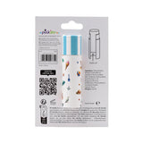 Back view of a paper stick lip balm in its retail packaging. The lip balm features a blue and white striped top, with a lower section decorated with coastal illustrations including ice cream cones, seashells, and a seagull. The packaging also shows a 'push up' diagram.
