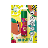Front view of a colourful peach summer fruits paper stick lip balm with a green cap, featuring fruit illustrations on its pink tube and displayed on a backing card with 'Zero Waste', 'Cruelty Free', 'Vegan', 'Palm Oil Free', 'Moisturising', and 'Plastic Free' icons.