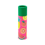 Summer Fruits Paper Stick Lip Balm, pink cylindrical tube with green cap, decorated with colourful fruit illustrations.