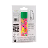 Front view of a Summer Fruits paper stick lip balm in its white retail packaging. The lip balm has a green cap and a pink body with a colourful pattern of papaya, cherries, bananas, strawberries, and limes. The white cardboard backing displays product details, a barcode, and a 'PUSH UP' diagram.