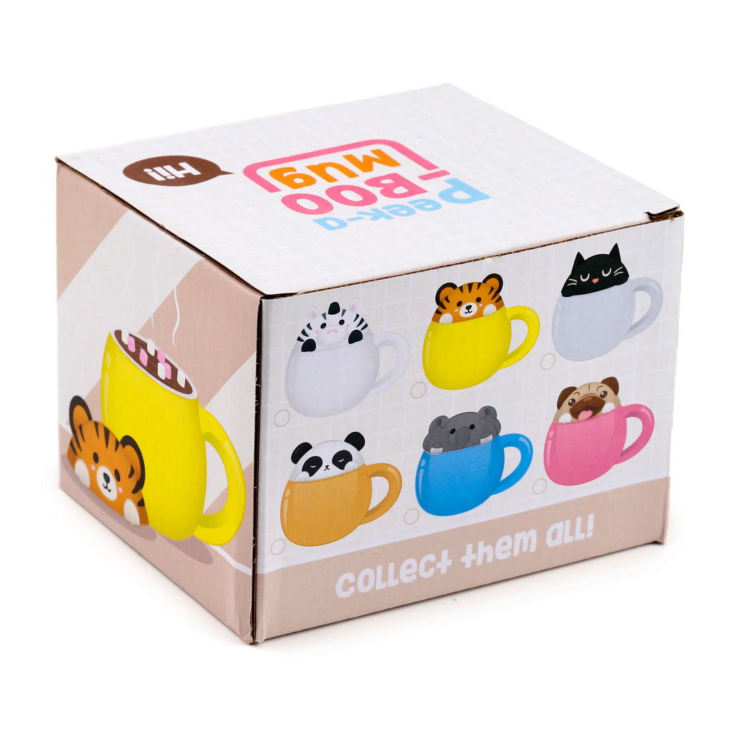 Angled view of the colourful cardboard packaging box for a collection of animal peek-a-boo mugs, featuring illustrated designs including a black cat, tiger, and panda peeking from various coloured ceramic mugs, with the 'COLLECT THEM ALL!' slogan.