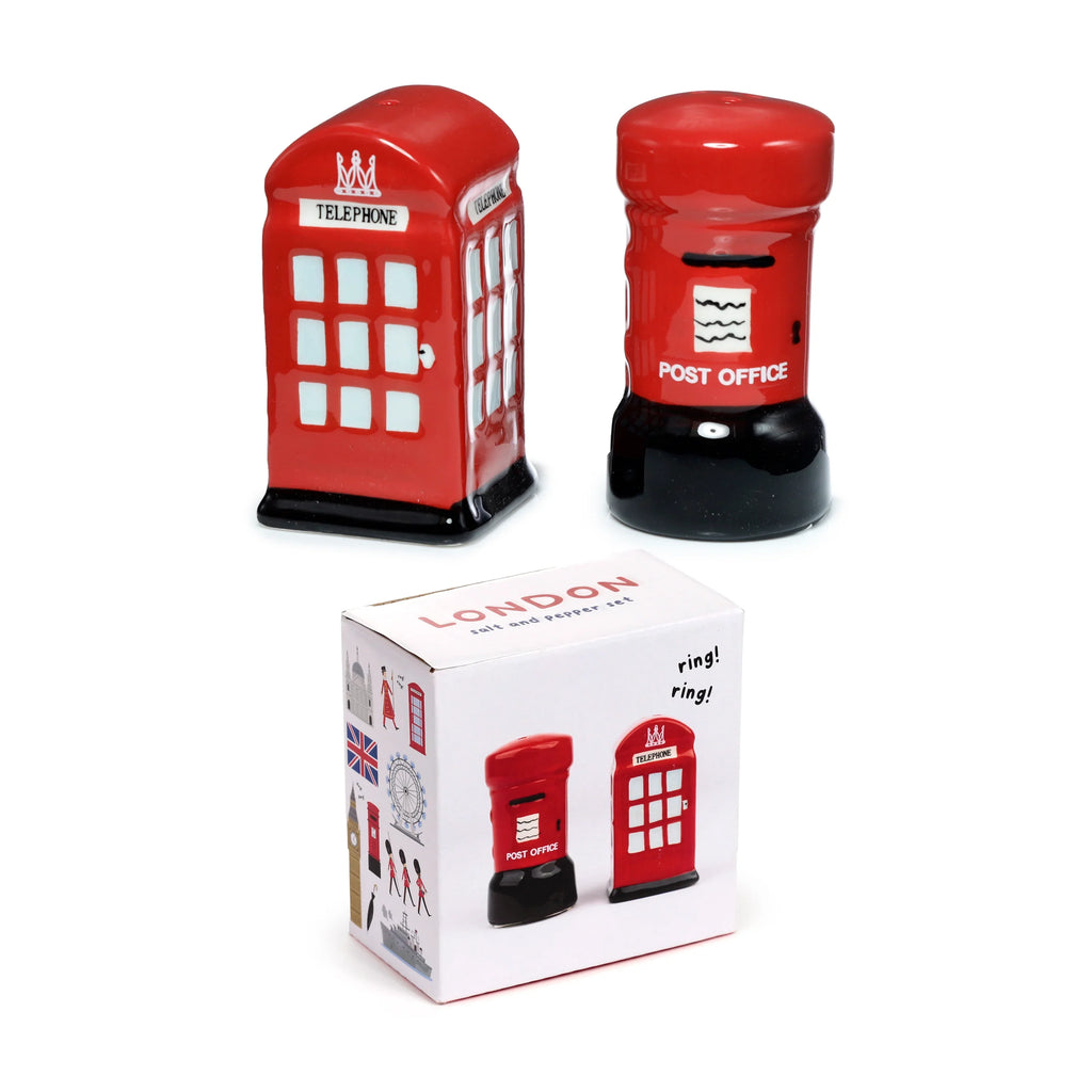 Angled view showing a novelty ceramic red telephone box salt shaker and a matching red letterbox pepper shaker. The telephone box features white windows, a black base, and a 'TELEPHONE' sign with a crown. The letterbox has a black base, mail slot, and 'POST OFFICE' text. Below them is their white retail box, displaying 'LONDON salt and pepper set' on top.