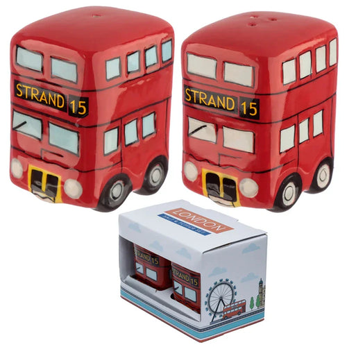 Angled view of a novelty red Routemaster bus salt and pepper set, comprising two double-decker bus-shaped shakers with 'STRAND 15' on their side, and their white display box featuring London landmarks.