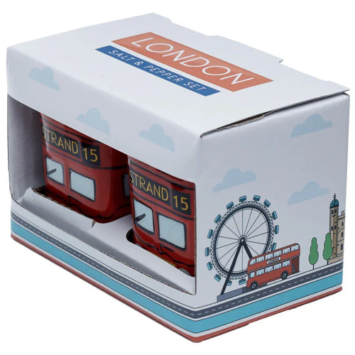 Angled view of a red Routemaster bus salt and pepper set in its white display box. The red bus shakers show 'STRAND 15', and the box features 'LONDON SALT & PEPPER SET' text and a London cityscape illustration.