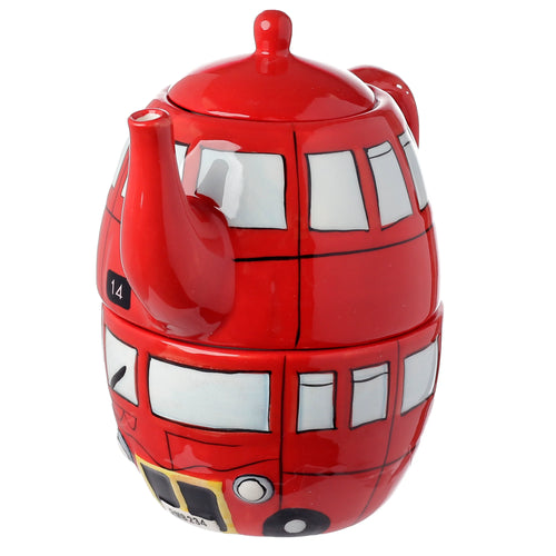 Angled front view of a novelty red Routemaster bus teapot and cup set, stacked, with white windows, black outlines, and bus number 14.
