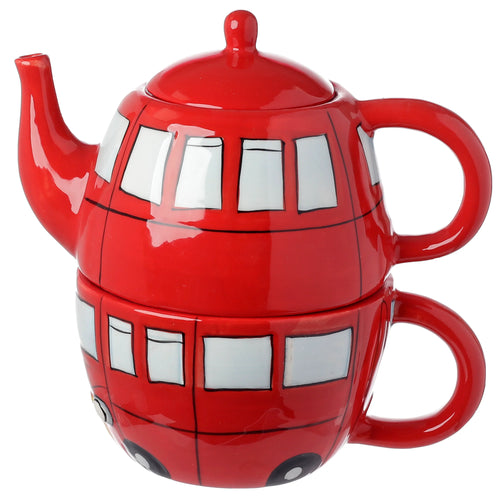 Angled view of a red novelty Routemaster bus teapot and cup set for one, featuring white window outlines and black detailing.