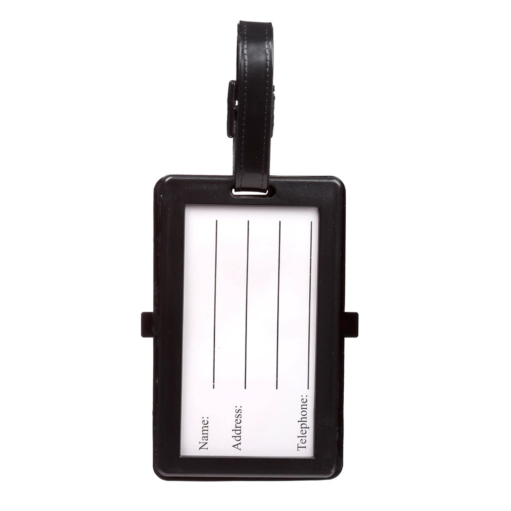 Reverse view of a black rectangular PVC luggage tag, featuring a white information card with lines for name, address, and telephone, and a black buckle strap.