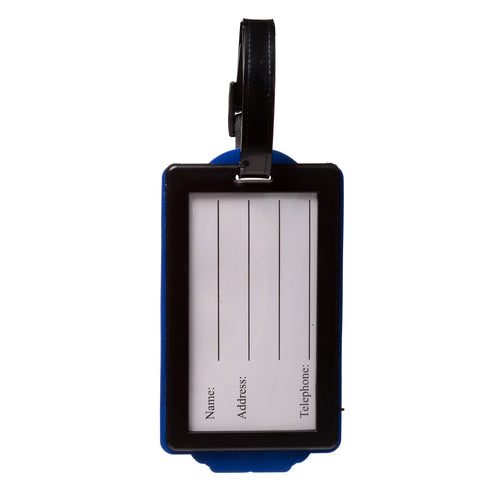 Direct view of a rectangular black and blue PVC luggage tag, displaying its information card side with blank fields for name, address, and telephone, and a black attachment strap.