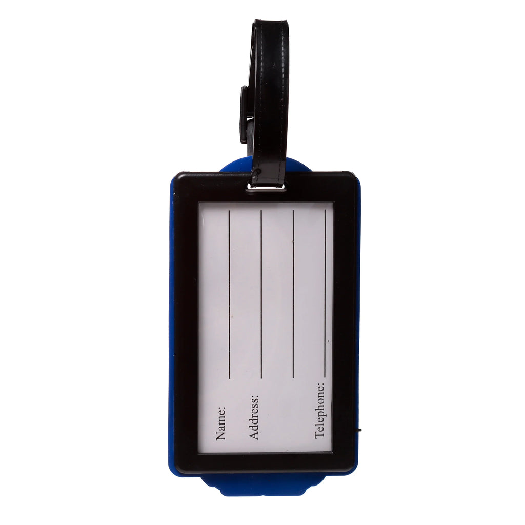 Direct view of a rectangular black and blue PVC luggage tag, displaying its information card side with blank fields for name, address, and telephone, and a black attachment strap.