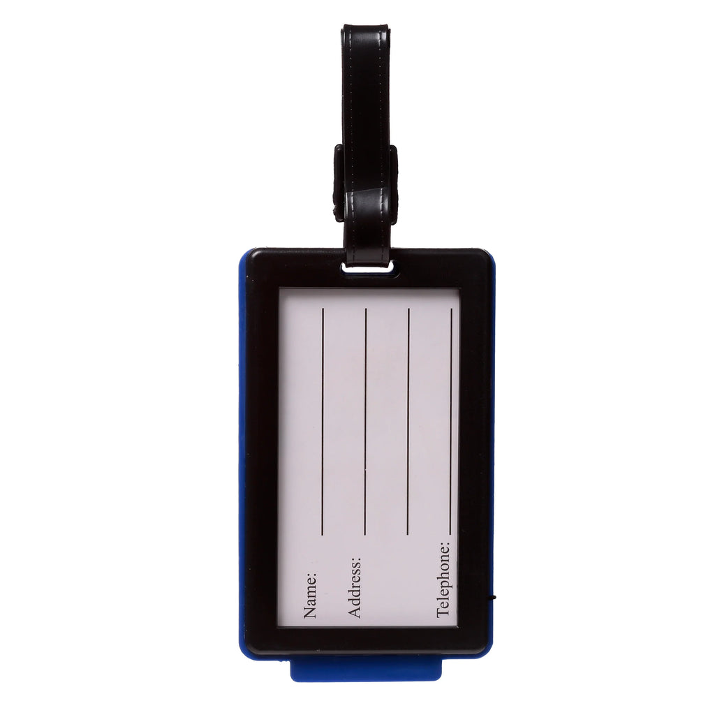 Reverse view of a rectangular blue and black PVC luggage tag, featuring a white information card with fields for name, address, and telephone, and a black strap.