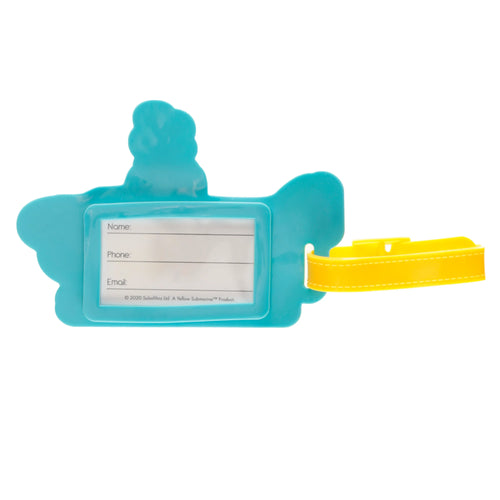 Front view of a turquoise PVC Yellow Submarine-shaped luggage tag, displaying a clear window for name, phone, and email details, with a bright yellow attachment strap.