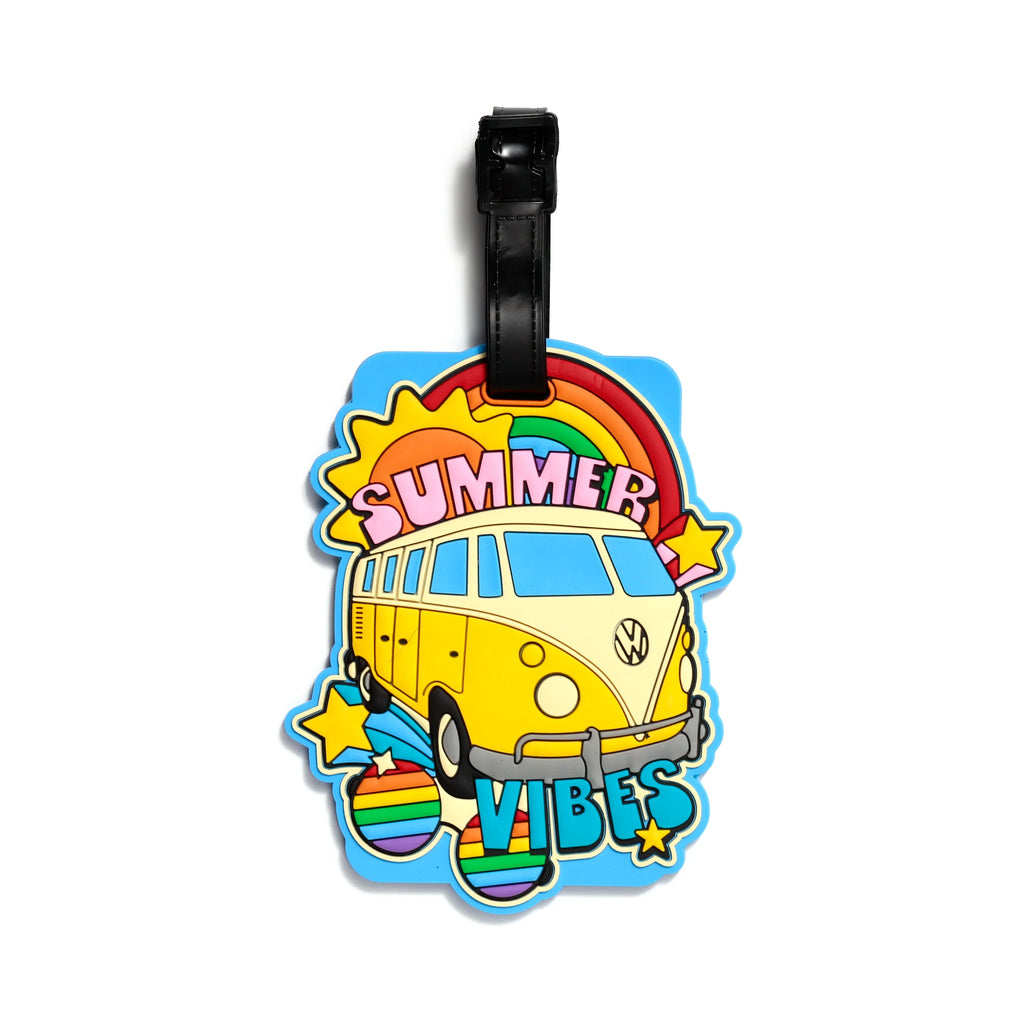 Front view of a colourful PVC luggage tag, featuring a yellow and cream Volkswagen T1 Camper Bus, 'SUMMER' and 'VIBES' text, a rainbow, and sun on a blue background.