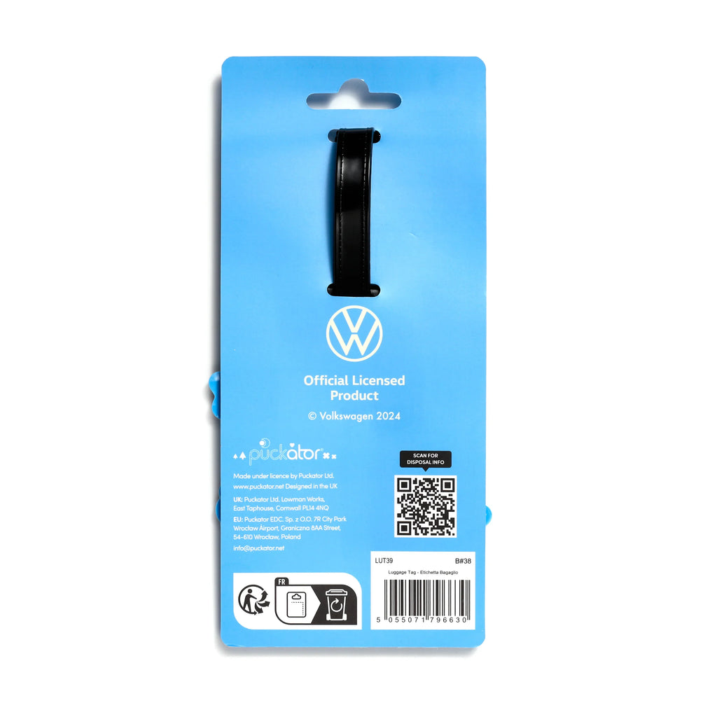 Back view of PVC luggage tag packaging, light blue with a white Volkswagen logo, product information, and a black tag strap visible at the top.
