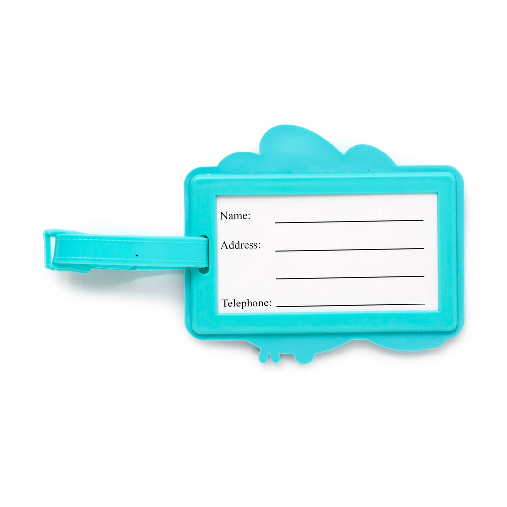Back view of a turquoise PVC luggage tag, showing a white information card with printed fields for 'Name:', 'Address:', and 'Telephone:'. A matching turquoise strap is attached to the tag's contoured edge.