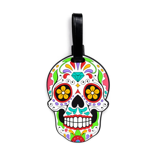 Front view of a multi-coloured PVC luggage tag featuring an intricate Day of the Dead sugar skull design, with a black attachment strap.