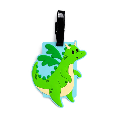 Front view of a green cartoon dragon PVC luggage tag, featuring a cream-coloured belly and horns on a light blue base, with a black attachment strap.