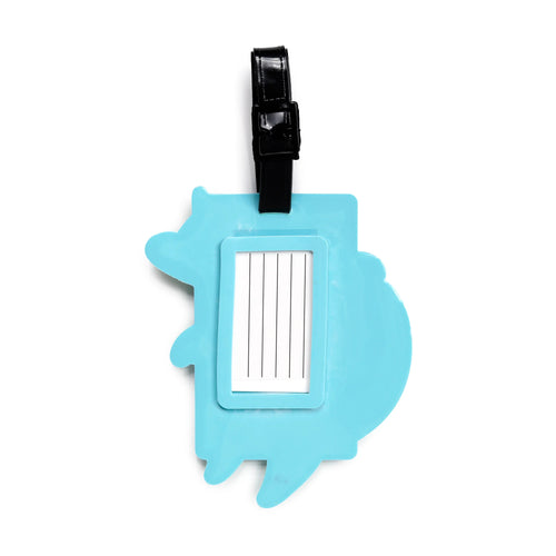 Front view of an aqua blue, dragon-shaped PVC luggage tag, featuring a black strap and buckle, with a clear plastic window revealing a white lined paper insert.