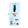 Back of light blue PVC luggage tag packaging, featuring a graphic of a red and gold shield with a crown, fleurs-de-lis, and a star, crossed by two swords. A black adjustable strap for the luggage tag is visible at the top. The packaging also shows a barcode and recycling information.
